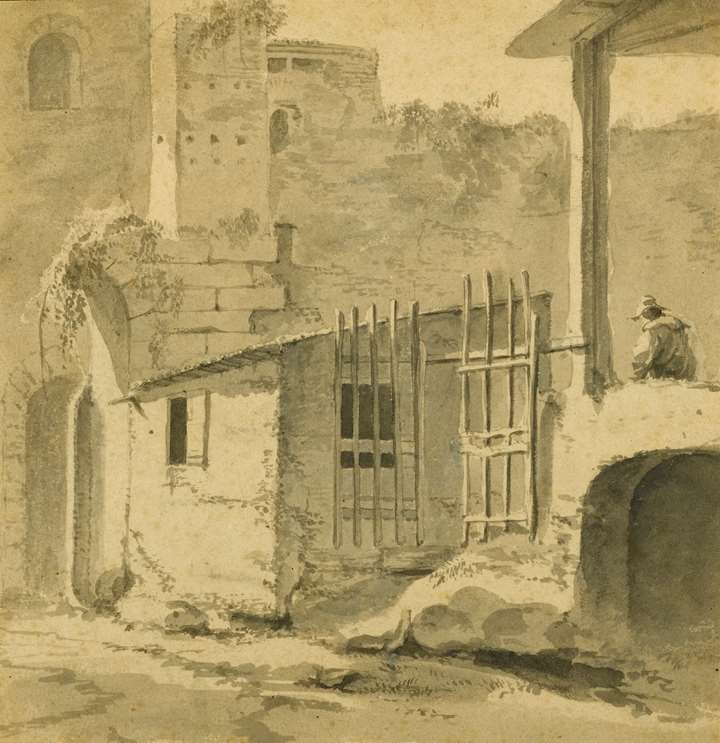 An Italian Courtyard with a Gateway and Seated Figure